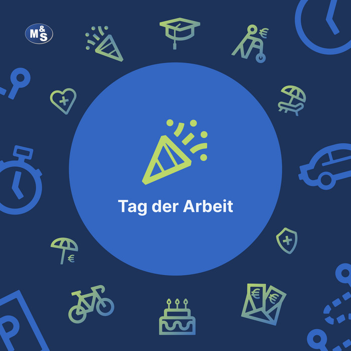 Text: Tag der Arbeit, Icons: Benefit-Icons unserer Firma