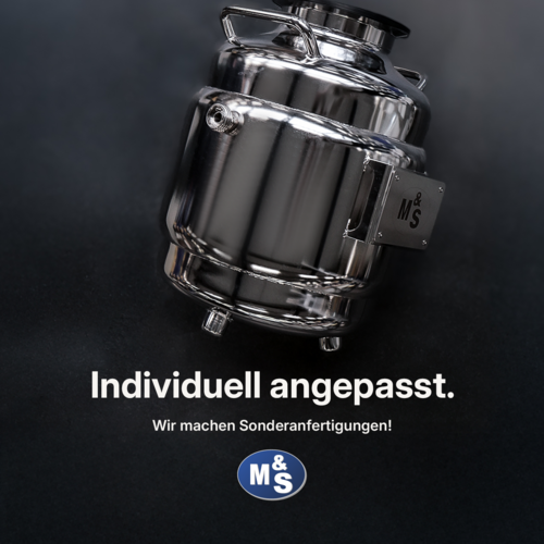 Bild einer Sonderarmatur (Kühlbehälter) – Text: "Individuell angepasst – wir machen Sonderanfertigungen" – Logo von M&S Armaturen GmbH