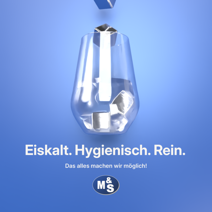 3D graphic of a water glass filled with water with a glass and steel ice cubes as contents. More ice cubes fall into the glass from above. Bluish background. Text: ‘Ice cold. Hygienic. Pure.’ - Logo of M&S Armaturen GmbH - text ‘We make it all possible!’