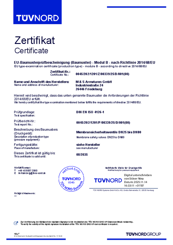 Zertifikat EU-Baumusterprüfbescheinigung Modul-B Membransicherheitsventil Zertifikat EU-Baumusterprüfbescheinigung Modul-B Membransicherheitsventil