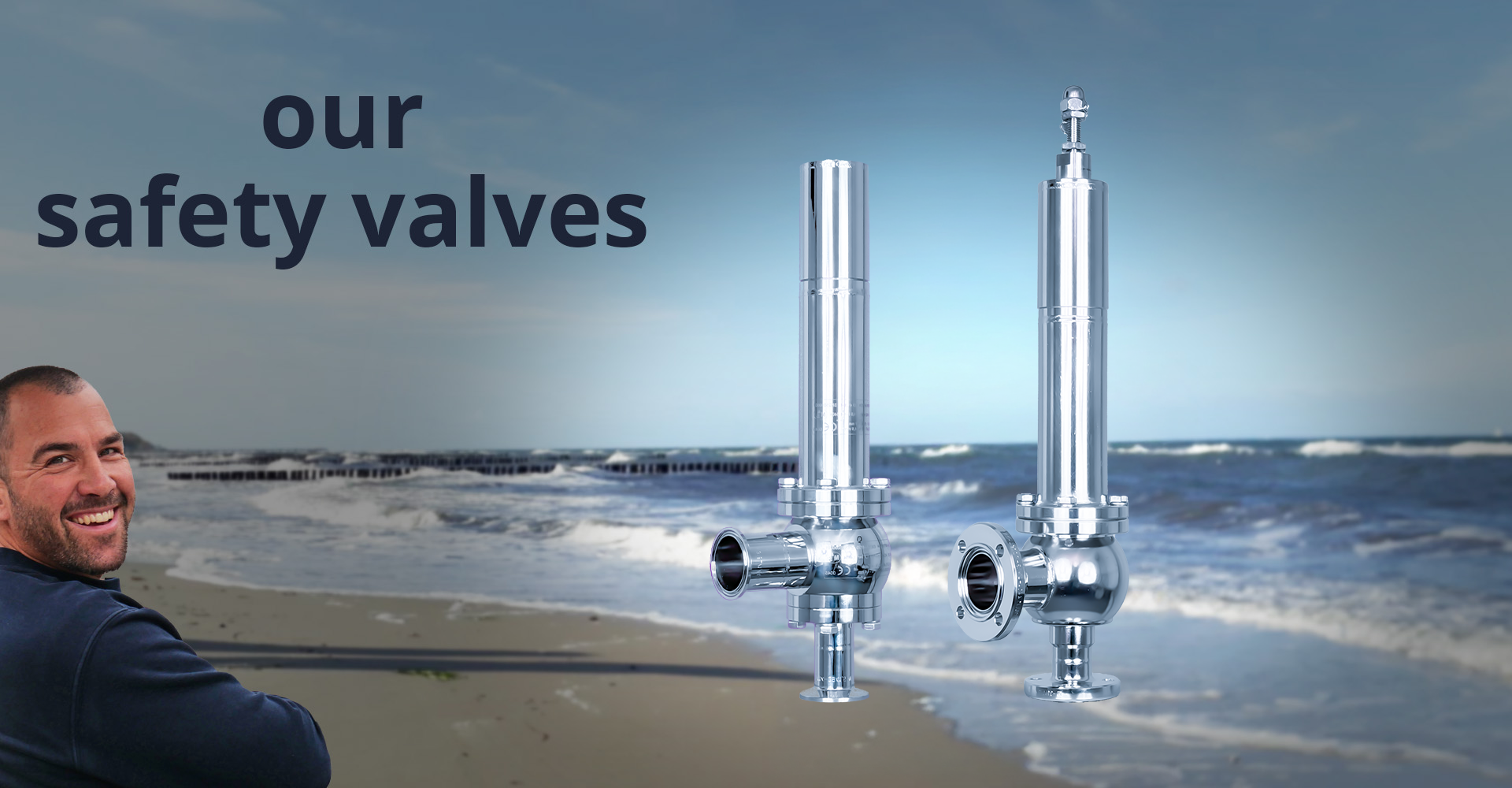 Exempt product images of our safety valves on a background image of the German North Sea coast and a profile picture of our brand ambassador.